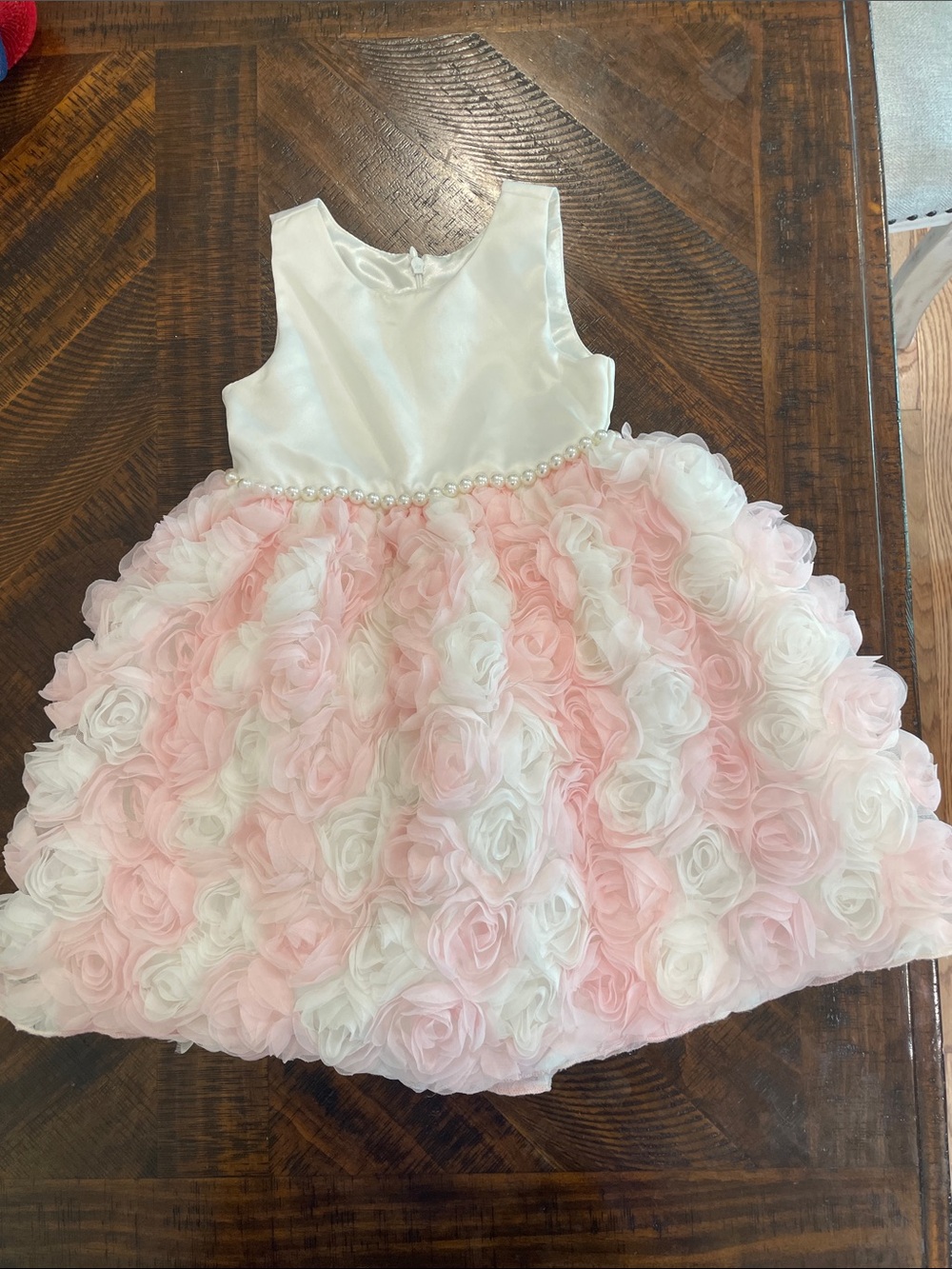 American Princess White Bodice Pink and White Rosette Ball Gown